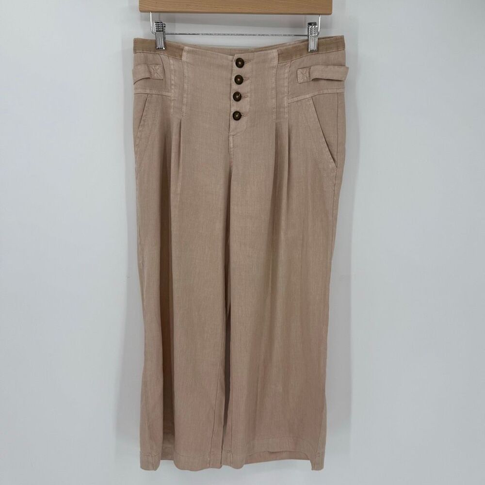Sundance The Villa Wide Leg Crop Button Fly Linen Tencel Blend Pant Tan Women 6